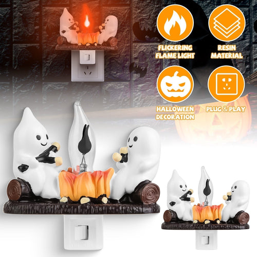 2Pcs Ghost Campfire Flickering Flame Night Light Indoor 3D Funny Halloween Nightlight Decoration Bedroom Night Light Halloween Decoration Gift For Fri