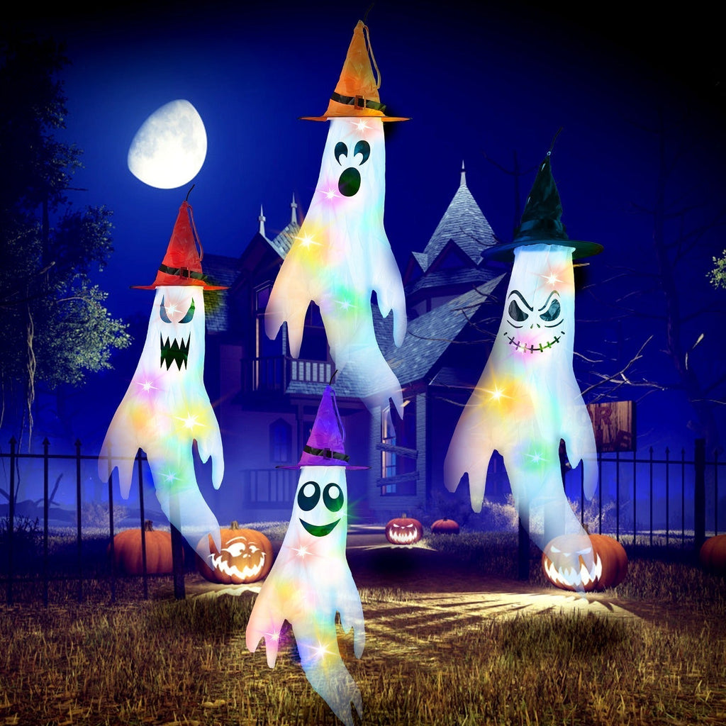 4Pcs Halloween Ghosts With Witch Hats Windsocks Hanging Decoration With Colorful LED Light Outdoor Flag Wind Socks Halloween Party Decoration For Yard