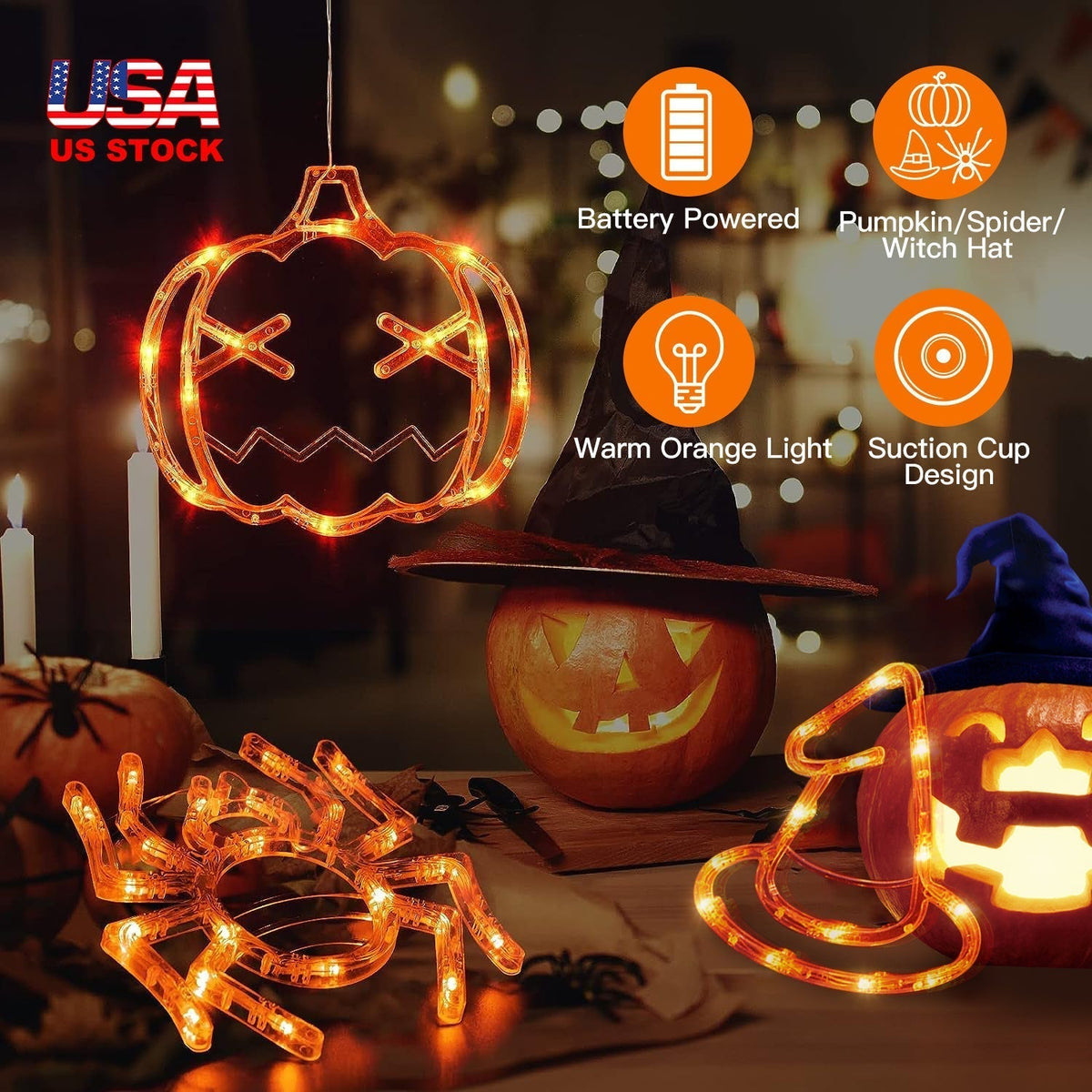 3 Pack Halloween Window Light Spider Witch Hat Pumpkin with Orange Light Hanging Halloween Decoration Light with Suction Cup Hanging Holes