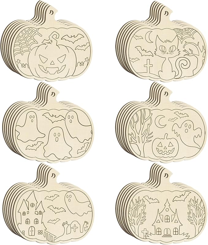 36PCS Wooden Pumpkins Ornaments to Paint Halloween Thanksgiving Decoration Cutouts Unfinished 3.5 inches, DIY Blank Unfinished Pumpkin Ornament for Home Harvest Crafts Hanging Autumn Decor（6Style）