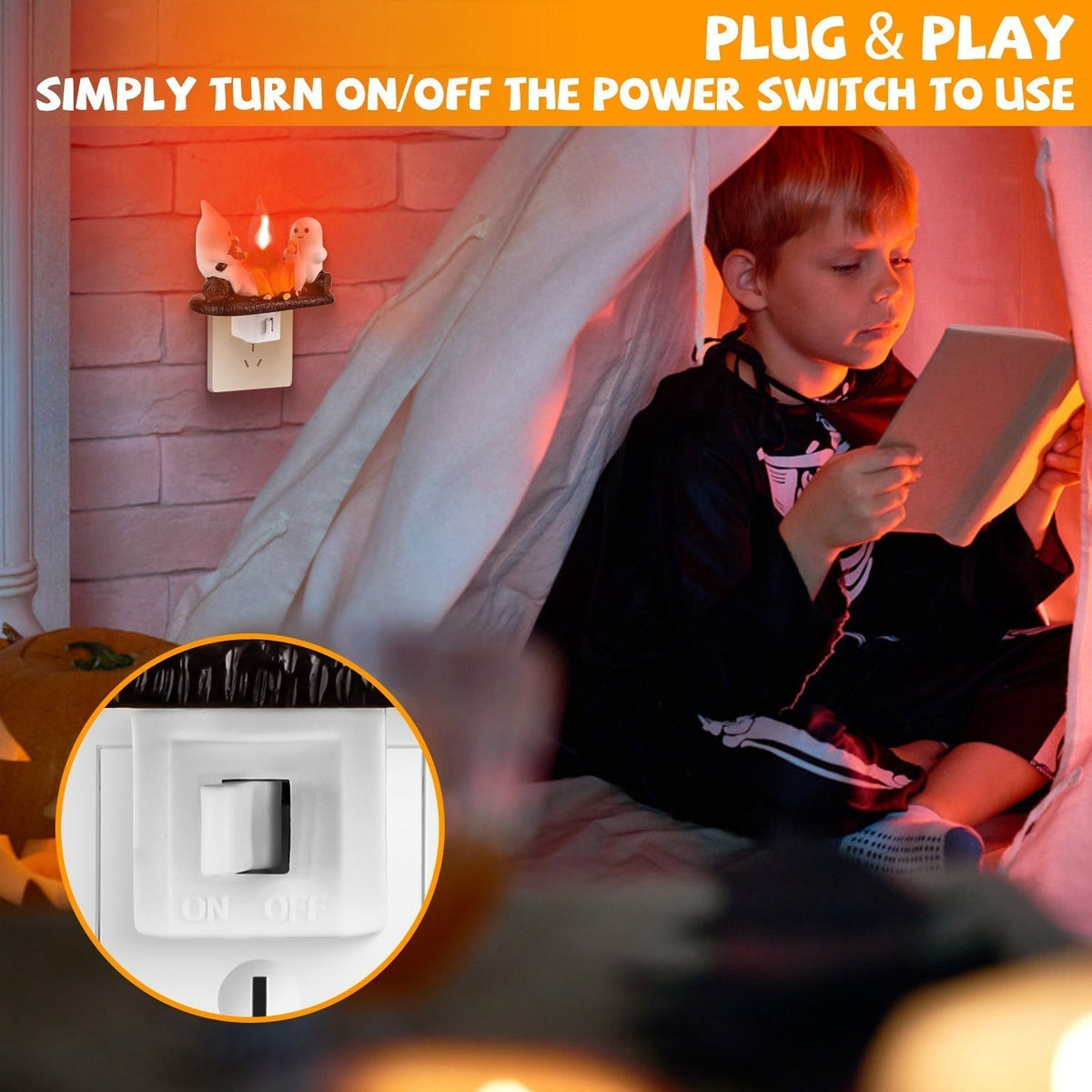 2Pcs Ghost Campfire Flickering Flame Night Light Indoor 3D Funny Halloween Nightlight Decoration Bedroom Night Light Halloween Decoration Gift For Fri