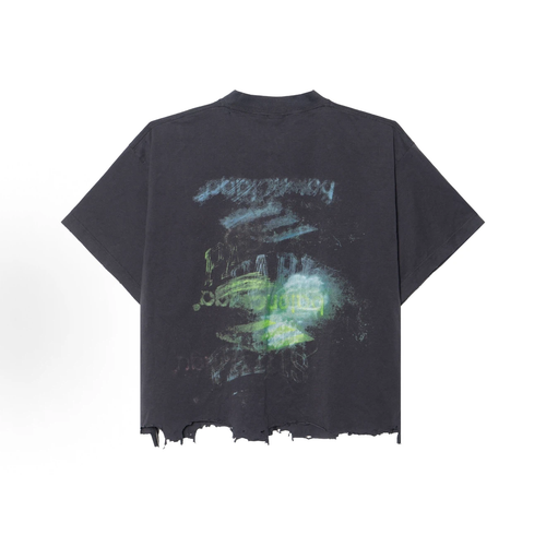 Balenciaga DIY Imprint Cropped T-Shirt, Frayed Raw Hem Distressed Black Halloween Graphic Tee