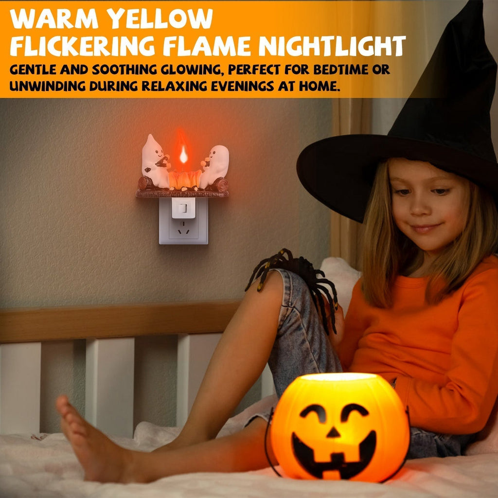 2Pcs Ghost Campfire Flickering Flame Night Light Indoor 3D Funny Halloween Nightlight Decoration Bedroom Night Light Halloween Decoration Gift For Fri